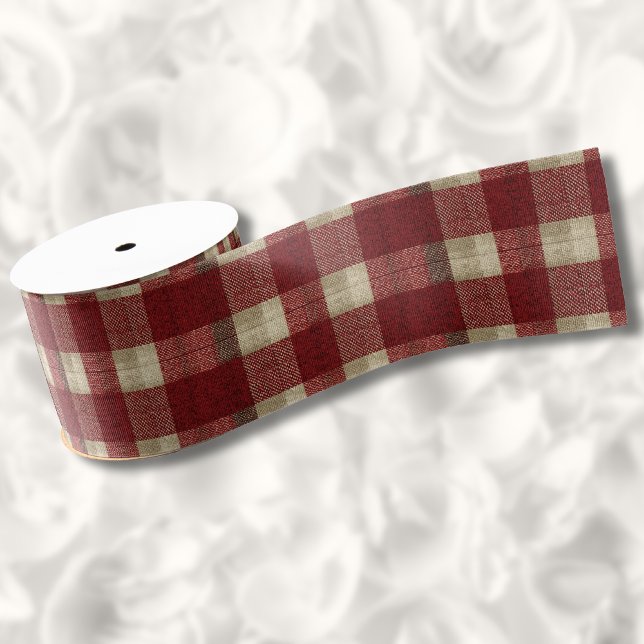 Elegant Burgundy Ivory Rust Red Plaid Pattern Grosgrain Ribbon (Creator Uploaded)