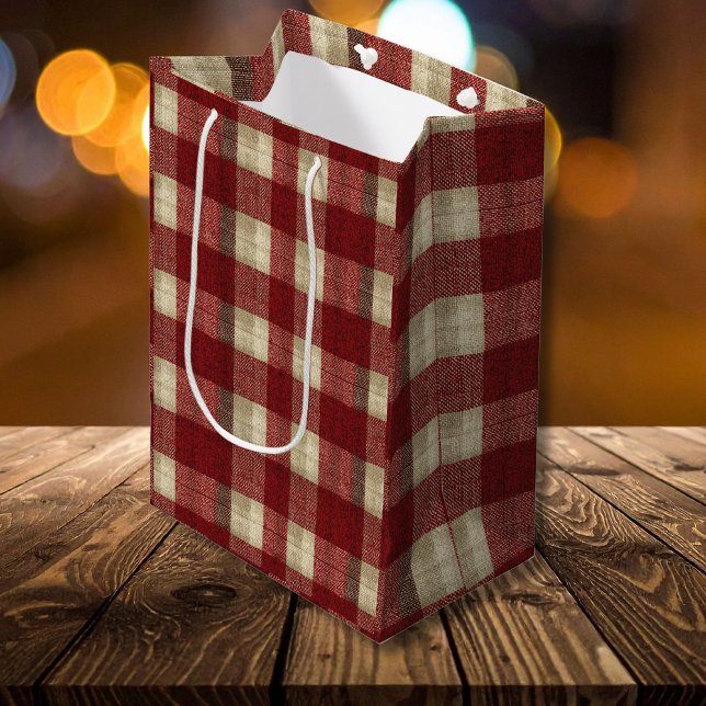 Elegant Burgundy Ivory Rust Red Plaid Pattern Medium Gift Bag (Creator Uploaded)