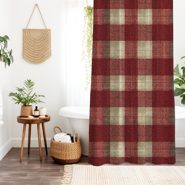Elegant Burgundy Ivory Rust Red Plaid Pattern Shower Curtain (Creator Uploaded)