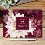 Elegant Burgundy Ivory Watercolor Floral Monogram Mouse Pad<br><div class="desc">This design features a watercolor floral bouquet in shades of burgundy and ivory on a deep burgundy background. Customise it with your monogram initial and name in ivory serif font framed by a burgundy square.</div>