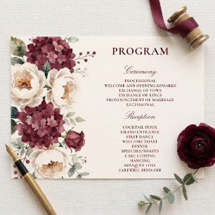 Elegant Burgundy Ivory Watercolor Floral Wedding Program