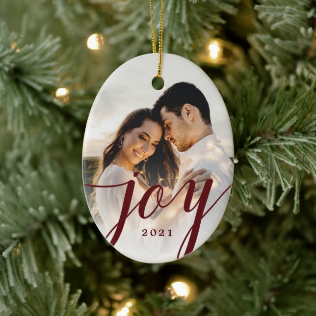 Elegant Burgundy Joy Script Photo Christmas  Ceramic Ornament (Tree)