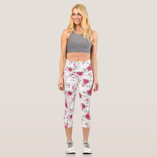 Elegant Burgundy & Lavender Floral Rose Pattern Capri Leggings (Front)