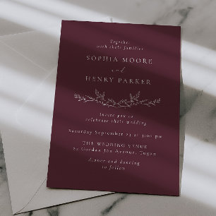 Elegant Burgundy Leaf Line Art Wedding Invitation