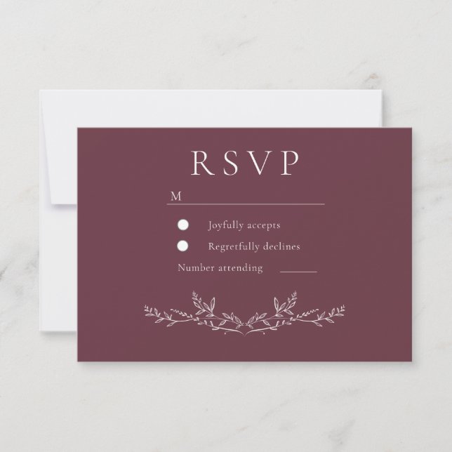 Elegant Burgundy Leaf Line Art Wedding  RSVP Card (Front)