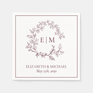 Elegant Burgundy Leafy Crest Monogram Wedding Napkin