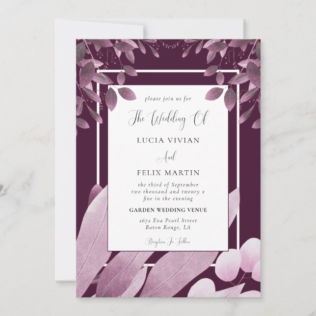Elegant Burgundy Leaves QR Code Photo Wedding Invitation (Front)