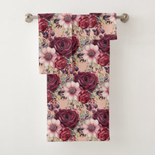 Elegant Burgundy Light Pink Floral Towel Set