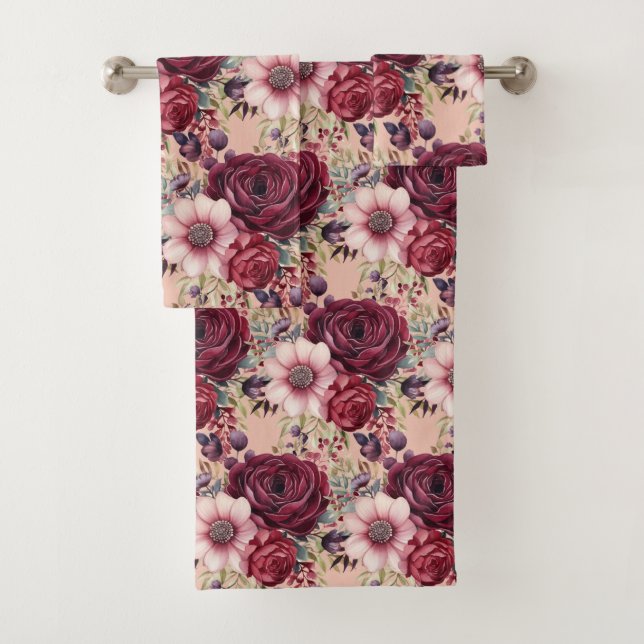 Elegant Burgundy Light Pink Floral Towel Set (Insitu)