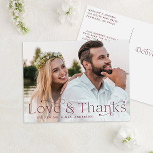 Elegant Burgundy Love and Thanks Wedding Thank You Postcard