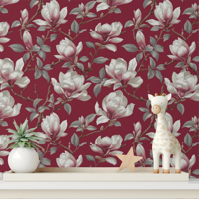 Elegant Burgundy Magnolia Floral Pattern Wallpaper (Creator Uploaded)