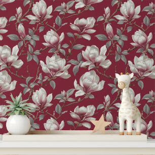 Elegant Burgundy Magnolia Peel and Stick Wallpaper