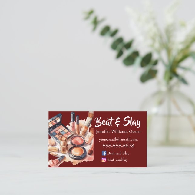 Elegant Burgundy Make-Up Artist Business Card (Standing Front)