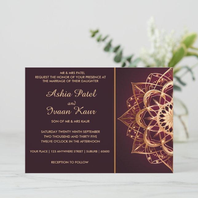 Elegant Burgundy Mandala Wedding Invitation (Standing Front)