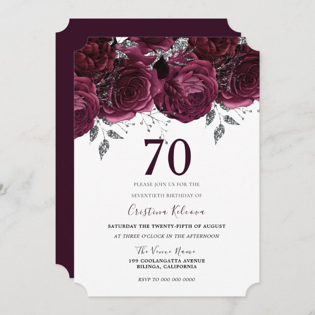 Elegant Burgundy Maroon Floral 70th Birthday Party Invitation (Front/Back)