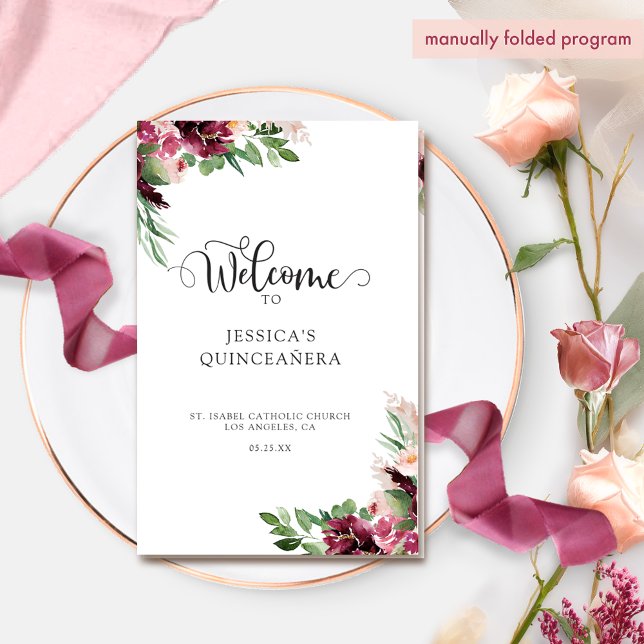 Elegant Burgundy Maroon Floral Quinceañera Program (Creator Uploaded)