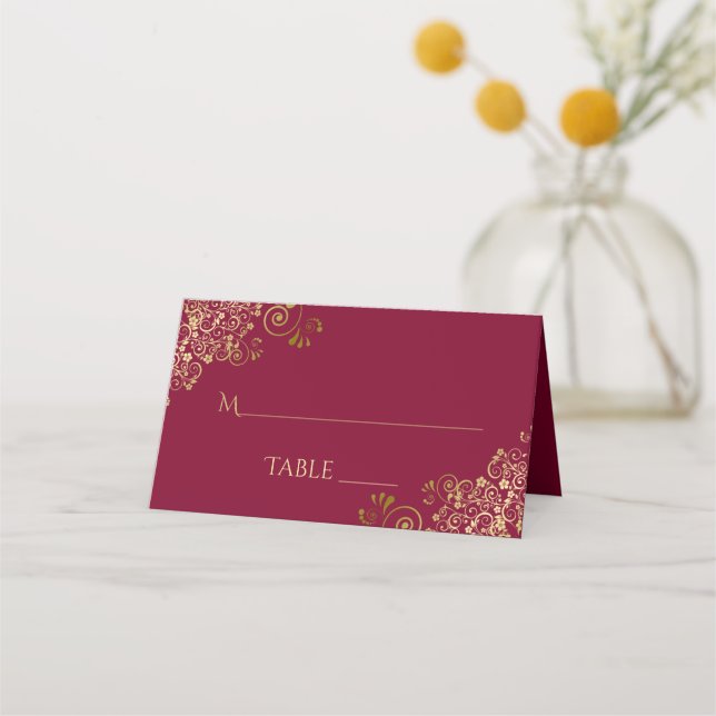 Elegant Burgundy Maroon & Gold Wedding Write-In Place Card (Back)