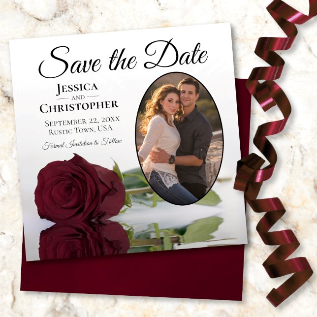 Elegant Burgundy Maroon Rose & Oval Photo Wedding Save The Date (Creator Uploaded)