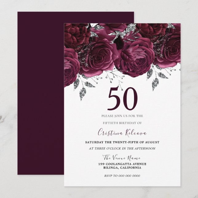 Elegant Burgundy Maroon Roses 50th Birthday Party Invitation (Front/Back)