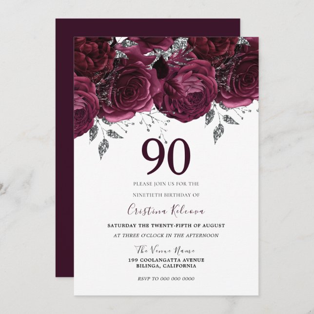 Elegant Burgundy Maroon Roses 90th Birthday Party Invitation (Front/Back)