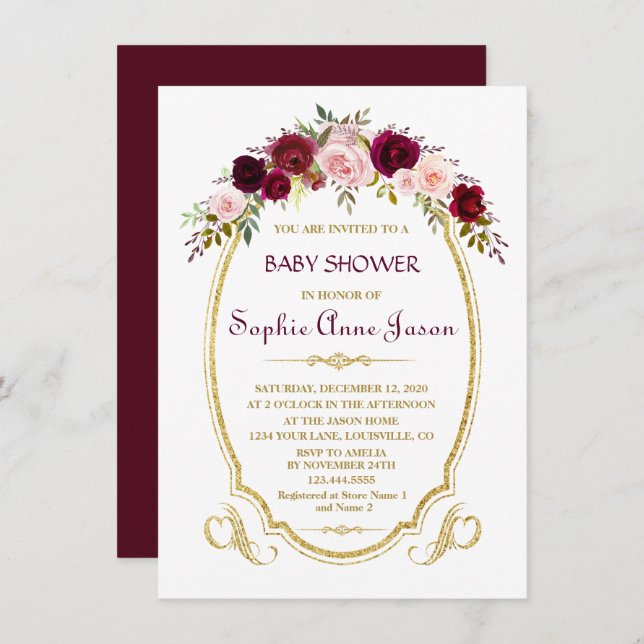 Elegant Burgundy Marsala Floral Fall Baby Shower Invitation (Front/Back)