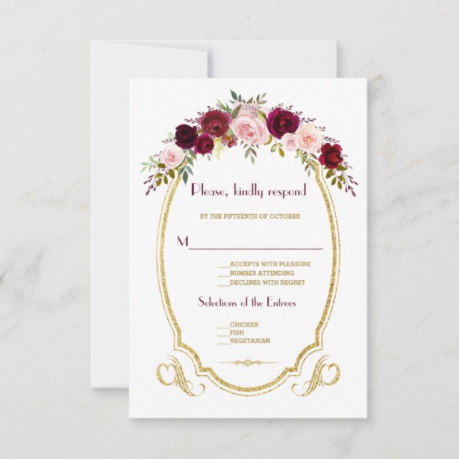 Elegant Burgundy Marsala Floral Fall Wedding RSVP (Front)
