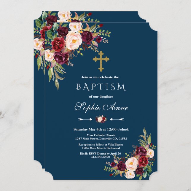 Elegant Burgundy Marsala Floral Navy Girl Baptism Invitation (Front/Back)