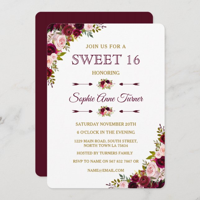 Elegant Burgundy Marsala Floral Sweet 16 Invite (Front/Back)