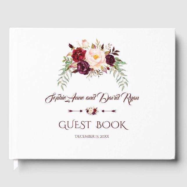 Elegant Burgundy Marsala Floral Wedding Planner Guest Book (Front)