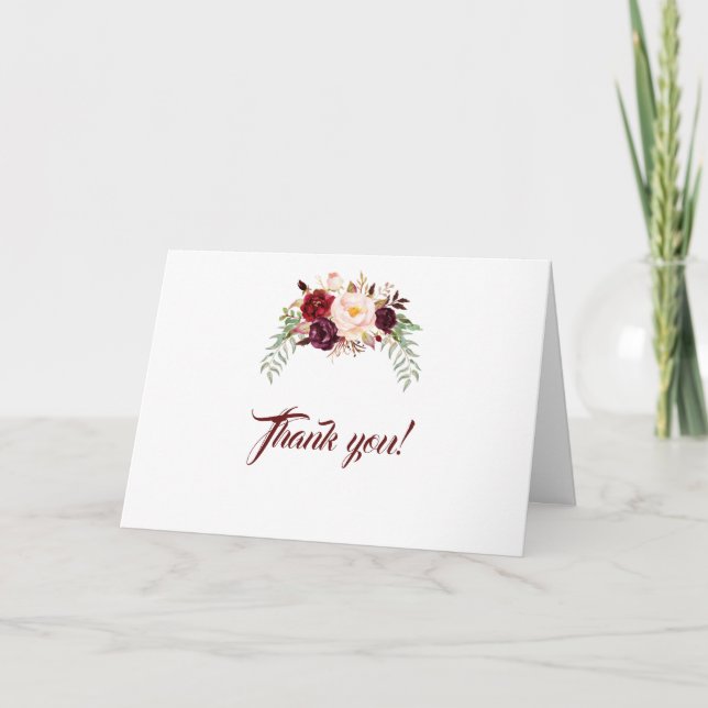 Elegant Burgundy Marsala Floral Wedding Thank you Card (Front)