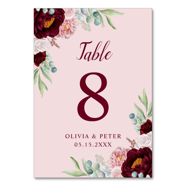Elegant, Burgundy Marsala Pink Watercolor Flowers  Table Number (Front)