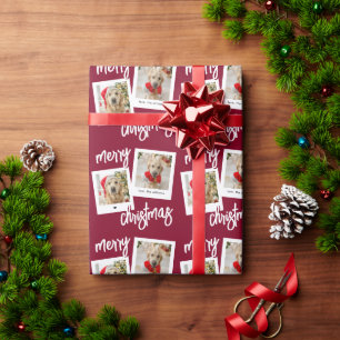 Elegant Burgundy Merry Christmas 2 Dog Photo Wrapping Paper