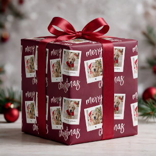 Elegant Burgundy Merry Christmas 2 Dog Photo Wrapping Paper