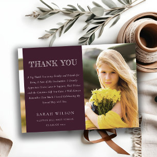 Elegant Burgundy Minimal Clean Photo Graduation Thank You Card