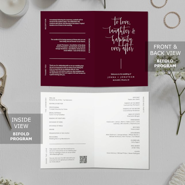 Elegant Burgundy Minimalist QR Code Wedding Folded Program (Creator Uploaded)