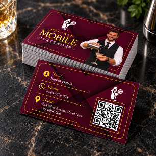 Elegant Burgundy Mobile Bartender QR Code Business Card