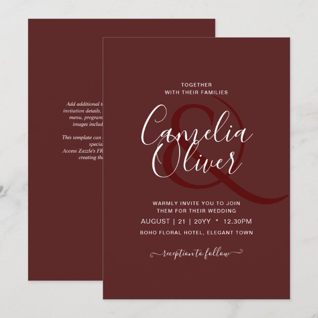 Elegant Burgundy Monochrome Wedding Simple Classic Invitation (Front/Back)