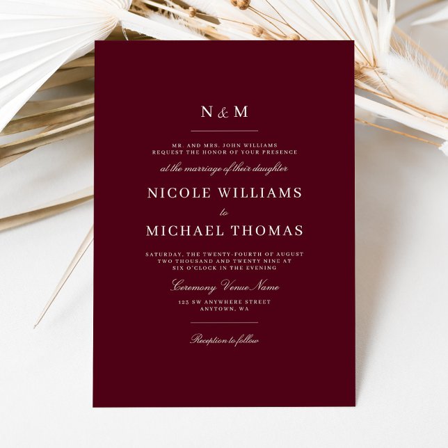 Elegant Burgundy Monogram Classic Wedding Invitation (Creator Uploaded)