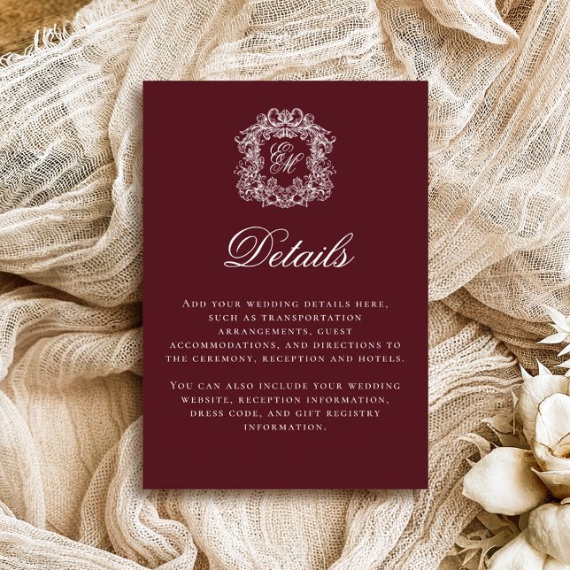 Elegant Burgundy Monogram Crest Wedding Details Enclosure Card (Creator Uploaded)