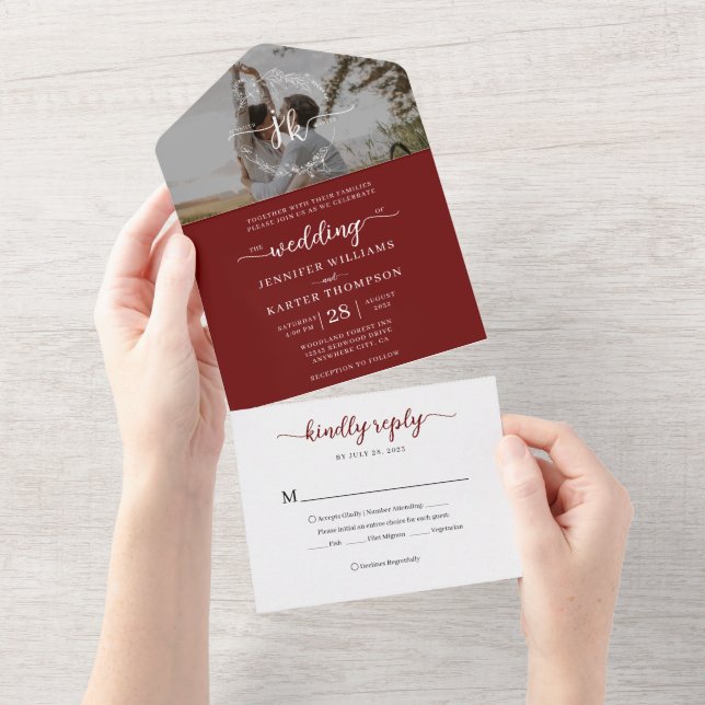 Elegant Burgundy Monogram Photo Rsvp Wedding All In One Invitation (Tearaway)
