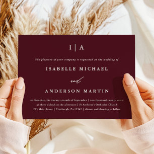 Elegant Burgundy Monogram Photo Wedding Invitation
