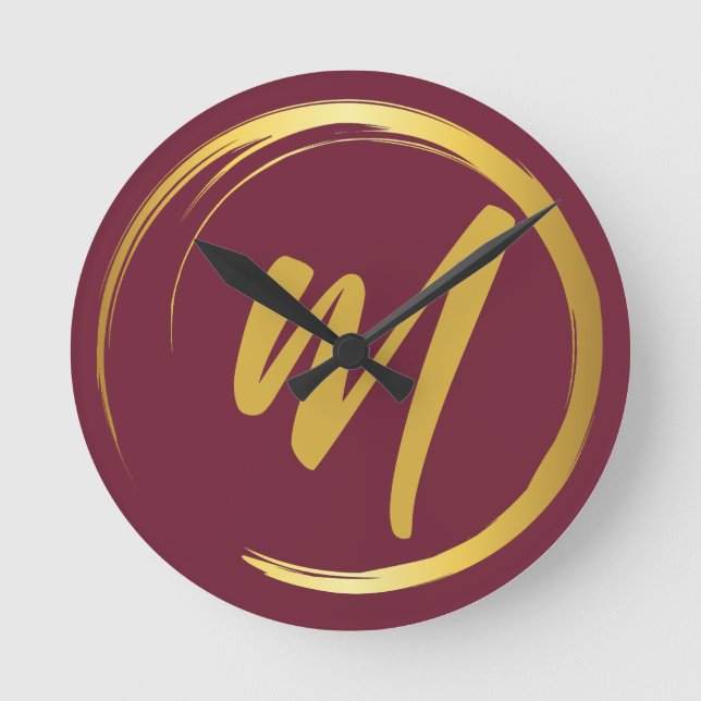 Elegant Burgundy Monogram  Round Clock (Front)