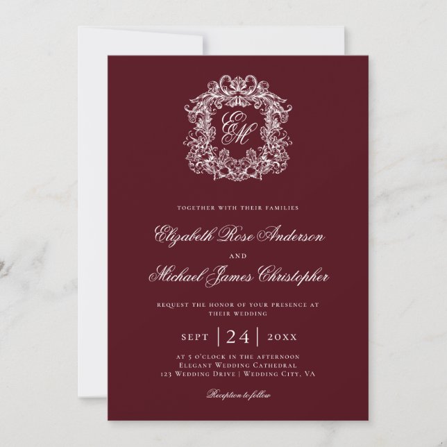 Elegant Burgundy Monogram Wedding Crest Invitation (Front)