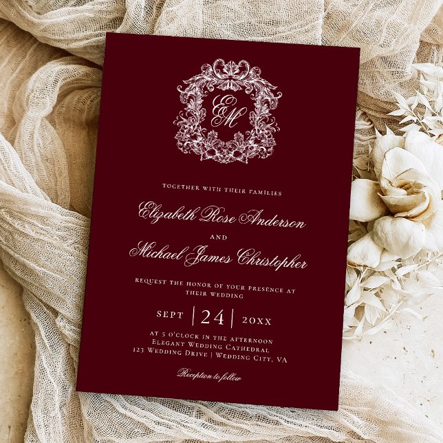Elegant Burgundy Monogram Wedding Crest Invitation (Creator Uploaded)