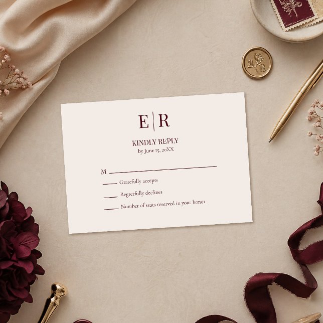 Elegant Burgundy Monogram Wedding RSVP Card (Elegant Burgundy Monogram Wedding RSVP Card on a table with burgundy and gold wedding decoration)