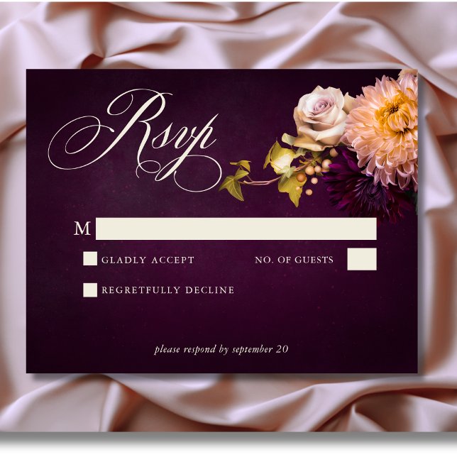Elegant Burgundy Moody Floral Script Wedding RSVP Card (Elegant Burgundy Moody Floral Script Wedding Response Card)