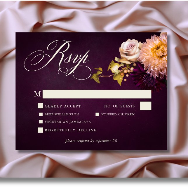 Elegant Burgundy Moody Floral Script Wedding RSVP Card (Elegant Burgundy Moody Floral Script Wedding Response Card with Dinner Choices)