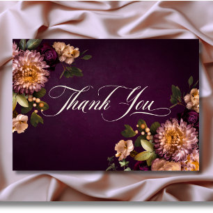 Elegant Burgundy Moody Floral Script Wedding Thank You Card
