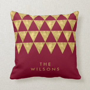 Elegant Burgundy Name Faux Gold Triangle Pattern Cushion
