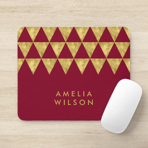 Elegant Burgundy Name Faux Gold Triangle Pattern Mouse Pad